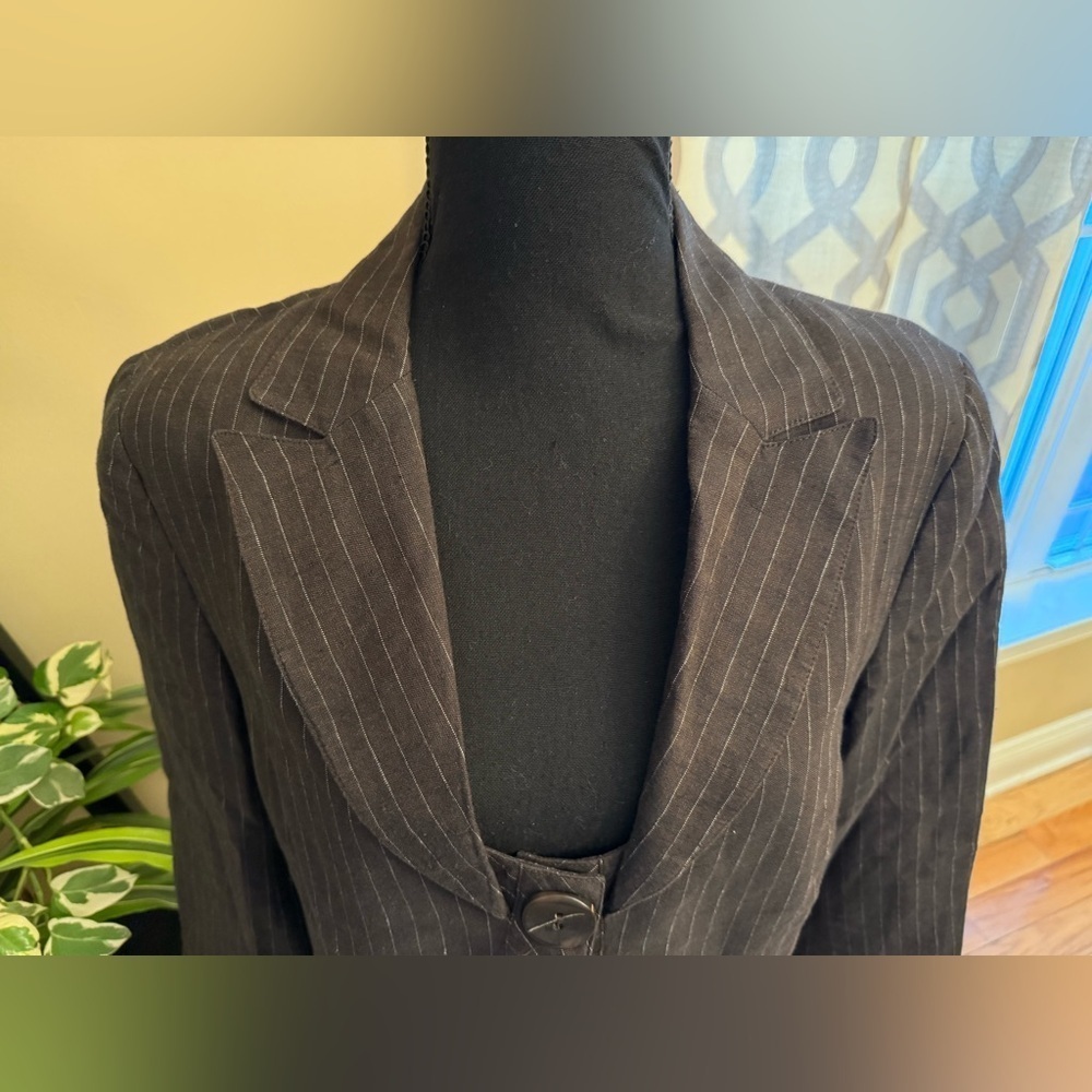 Lafayette 148 Blazer Brown Pinstripe 100% Linen 2 Button Career Jacket Women 10 - Picture 2 of 13